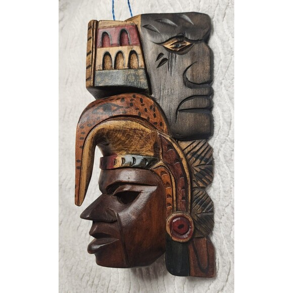 BEAUTIFUL Mayan Aztec WARRIOR Wooden Face Mask TRIBAL Mask HandCarved Wood EUC